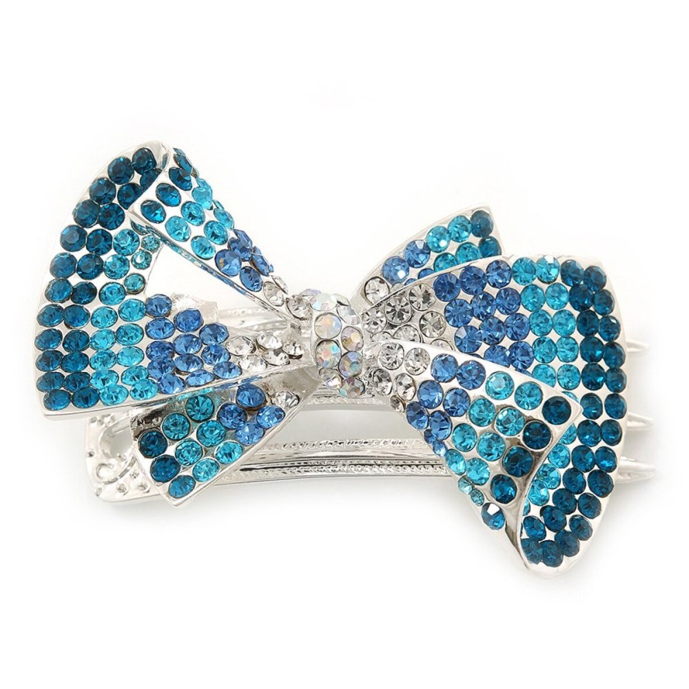 Silver Tone Teal/Light Blue/Sky Blue/Clear Crystal Bow Hair Beak Clip/Concord Clip - 65cm Length Silver Tone Teal/Light Blue/Sky Blue/Clear Crystal Bow Hair Beak Clip/Concord Clip - 65cm Length