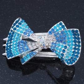Silver Tone Teal/Light Blue/Sky Blue/Clear Crystal Bow Hair Beak Clip/Concord Clip - 65cm Length Silver Tone Teal/Light Blue/Sky Blue/Clear Crystal Bow Hair Beak Clip/Concord Clip - 65cm Length