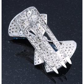 Silver Tone Teal/Light Blue/Sky Blue/Clear Crystal Bow Hair Beak Clip/Concord Clip - 65cm Length Silver Tone Teal/Light Blue/Sky Blue/Clear Crystal Bow Hair Beak Clip/Concord Clip - 65cm Length