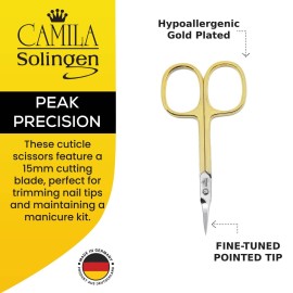 Camila Solingen CS04 Professional Nail Cuticle Scissors, Hypoallergenic Gold Plated Sharp Curved Manicure Pedicure Grooming for Finger and Toe Nail Care. Made of Stainless Steel in Solingen, Germany
