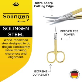 Camila Solingen CS04 Professional Nail Cuticle Scissors, Hypoallergenic Gold Plated Sharp Curved Manicure Pedicure Grooming for Finger and Toe Nail Care. Made of Stainless Steel in Solingen, Germany
