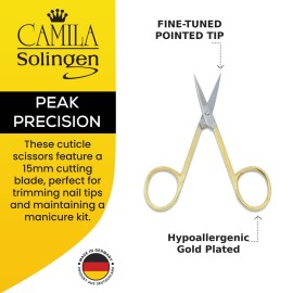Camila Solingen CS05 Professional Nail Cuticle Scissors, Hypoallergenic Gold Plated Sharp Curved Manicure Pedicure Grooming for Finger and Toe Nail Care. Made of Stainless Steel in Solingen, Germany