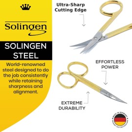 Camila Solingen CS05 Professional Nail Cuticle Scissors, Hypoallergenic Gold Plated Sharp Curved Manicure Pedicure Grooming for Finger and Toe Nail Care. Made of Stainless Steel in Solingen, Germany