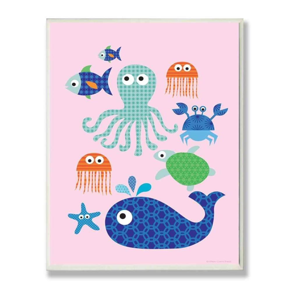 The Kids Room by Stupell Colorful Sea Creatures on Pink Background Rectangle Wall Plaque