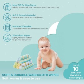 Spasilk Baby Washcloth Wipes Set for Newborn Boys and Girls, Soft Terry Washcloth Set, Pack of 10, Yellow Lines