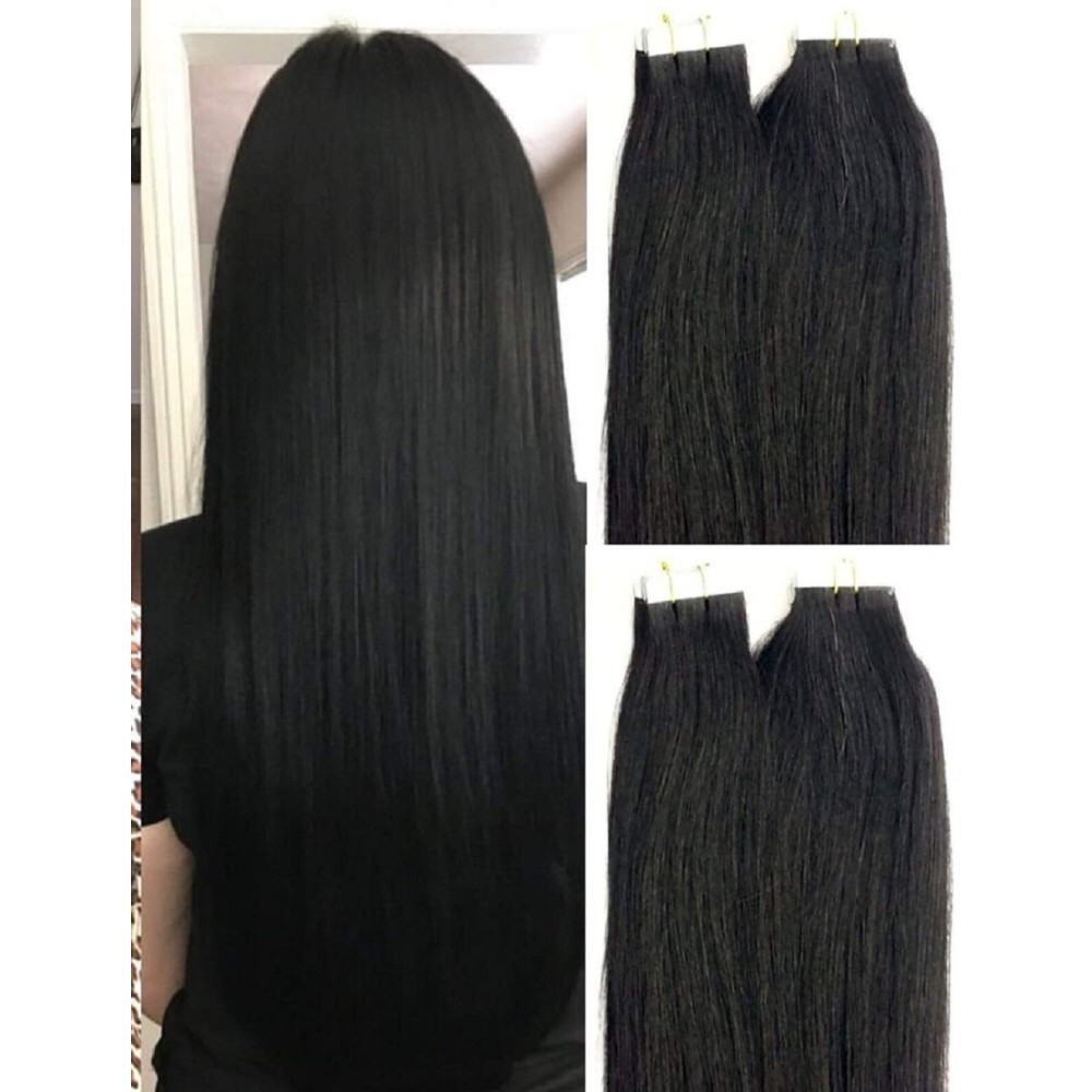 Hair Faux You 18 inch Tape in Hair Extensions Real Human Hair, 100g,40pcs, Glue in Extensions, Silky Straight Remy Hair Color  1 Jet Black