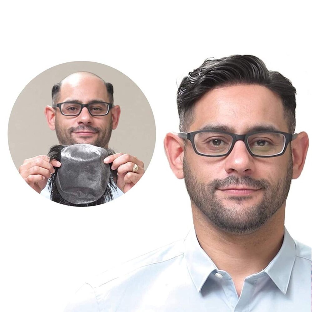 Lordhair Toupee for Men with 100% Human Hair, 0.08mm Natural Skin Hair Pieces Replacement for Men Base Size 8x10 inch Mens Toupee V-looped Hair System 1B