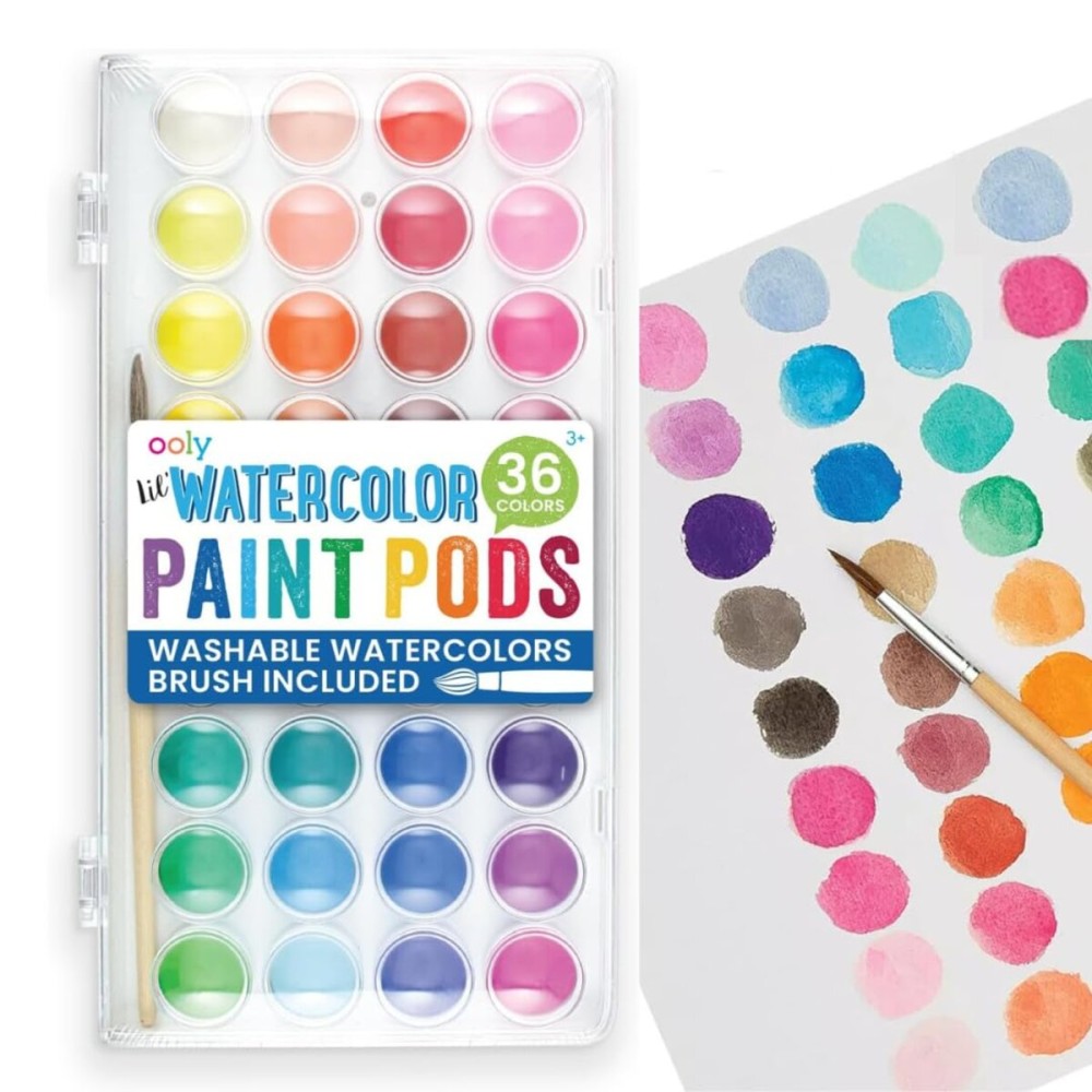 Ooly Lil\' Watercolor Washable Paint Pods Set with Brush, 36 colors & 1 Paintbrush, Washable Watercolors in a Portable Case, Back to School Supplies for All Ages, Bright & Vibrant Colors