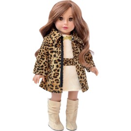 Fashion Girl - 3 Piece 18 inch Doll Outfit - Cheetah Coat, Ivory Dress and Ivory Boots - (Doll Not Included)