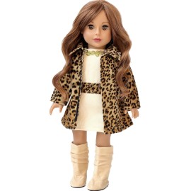 Fashion Girl - 3 Piece 18 inch Doll Outfit - Cheetah Coat, Ivory Dress and Ivory Boots - (Doll Not Included)