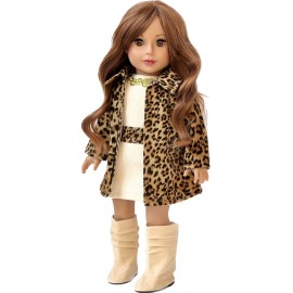 Fashion Girl - 3 Piece 18 inch Doll Outfit - Cheetah Coat, Ivory Dress and Ivory Boots - (Doll Not Included)