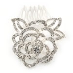 Bridal/Wedding/Prom/Party Rhodium Plated Clear Austrian Crystal Sculptured Rose Hair Comb - 55mm