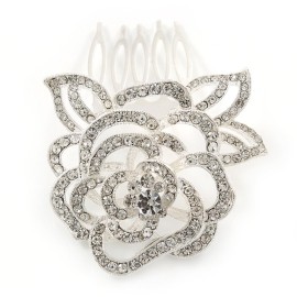 Bridal/Wedding/Prom/Party Rhodium Plated Clear Austrian Crystal Sculptured Rose Hair Comb - 55mm