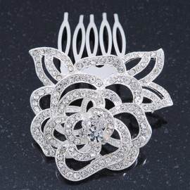 Bridal/Wedding/Prom/Party Rhodium Plated Clear Austrian Crystal Sculptured Rose Hair Comb - 55mm Bridal/Wedding/Prom/Party Rhodium Plated Clear Austrian Crystal Sculptured Rose Hair Comb - 55mm