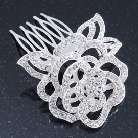 Bridal/Wedding/Prom/Party Rhodium Plated Clear Austrian Crystal Sculptured Rose Hair Comb - 55mm Bridal/Wedding/Prom/Party Rhodium Plated Clear Austrian Crystal Sculptured Rose Hair Comb - 55mm