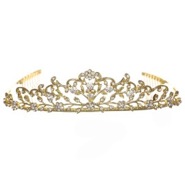 Flower Vine Design Bridal Tiara Crown - Clear Crystals Gold Plating T710