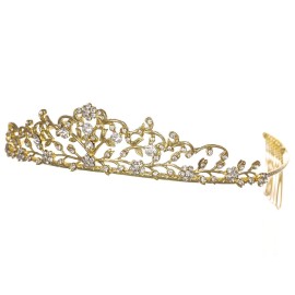 Flower Vine Design Bridal Tiara Crown - Clear Crystals Gold Plating T710