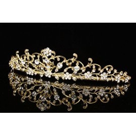 Flower Vine Design Bridal Tiara Crown - Clear Crystals Gold Plating T710