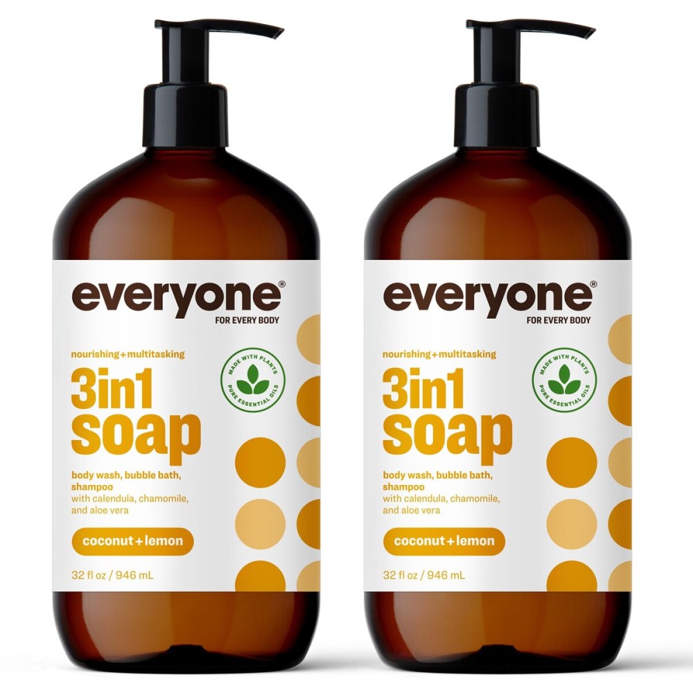 Everyone 3-in-1 Soap, Body Wash, Bubble Bath, Shampoo, 32 Ounce (Pack of 2), Coconut and Lemon, made with Essential Oils for Men and Women