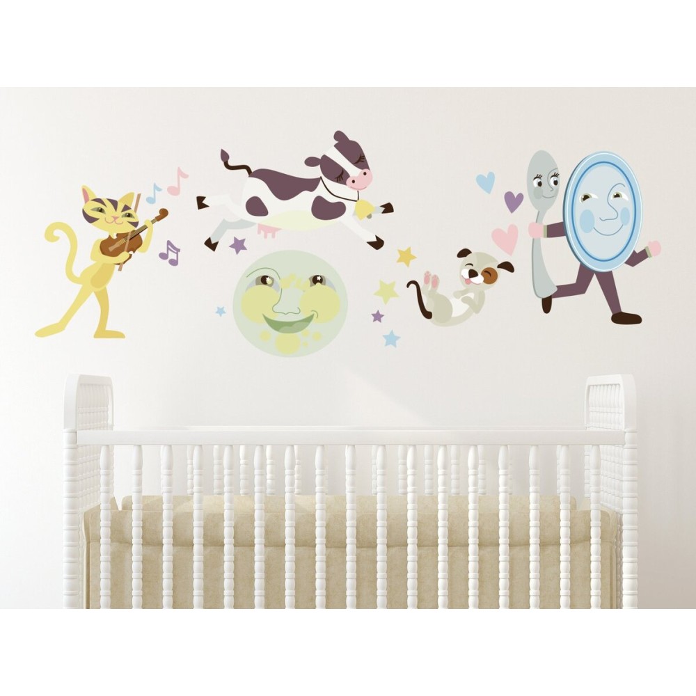 Nursery Rhyme Fabric Wall Decal, Hey Diddle Diddle, The Cat and The Fiddle, The Cow Jumped Over The Moon, with Hearts, Stars, Musical Notes