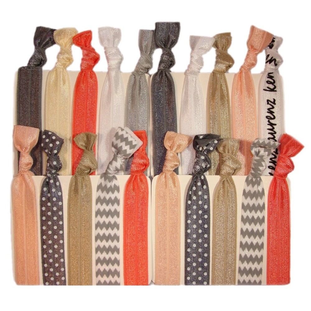 Kenz Laurenz Hair Ties Ponytail Holders - 20 Pack Silver Peach Chevron No Crease Ouchless Elastic Styling Accessories Pony Tail Holder Ribbon Bands