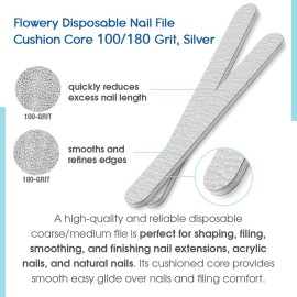 Flowery Nail File 100/180 Grit for Acrylic Nails, Double-Sided Nail Files, Disposable Emery Boards, Manicure Kit, Cushion Core, Silver, 100-Pack