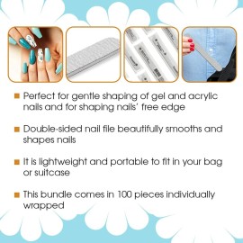 Flowery Nail File 100/180 Grit for Acrylic Nails, Double-Sided Nail Files, Disposable Emery Boards, Manicure Kit, Cushion Core, Silver, 100-Pack