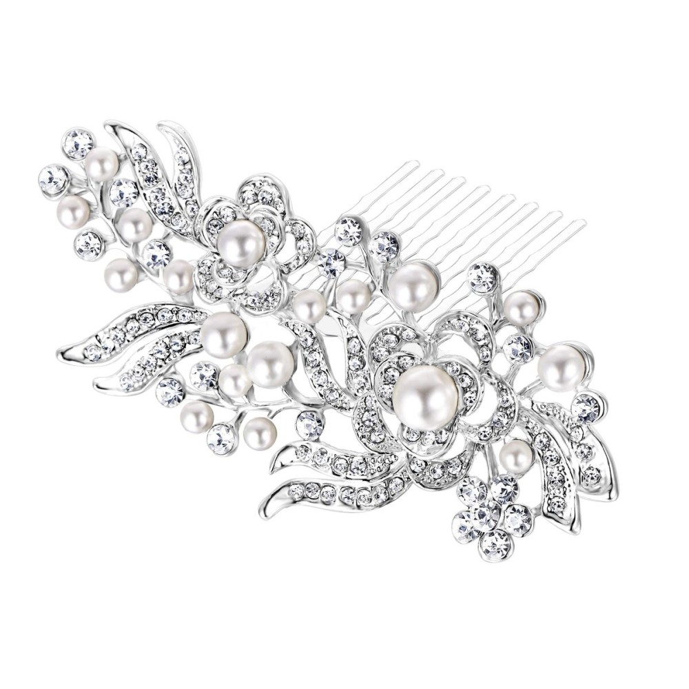 EVER FAITH Bridal Accessory Hair Piece Austrian Crystal Cream Simulated Pearl Flower Leaf Vine Side Comb Clear Silver-Tone