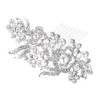 EVER FAITH Bridal Accessory Hair Piece Austrian Crystal Cream Simulated Pearl Flower Leaf Vine Side Comb Clear Silver-Tone