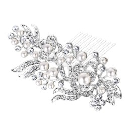 EVER FAITH Bridal Accessory Hair Piece Austrian Crystal Cream Simulated Pearl Flower Leaf Vine Side Comb Clear Silver-Tone
