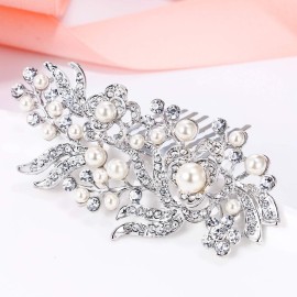 EVER FAITH Bridal Accessory Hair Piece Austrian Crystal Cream Simulated Pearl Flower Leaf Vine Side Comb Clear Silver-Tone