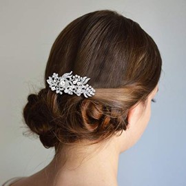 EVER FAITH Bridal Accessory Hair Piece Austrian Crystal Cream Simulated Pearl Flower Leaf Vine Side Comb Clear Silver-Tone