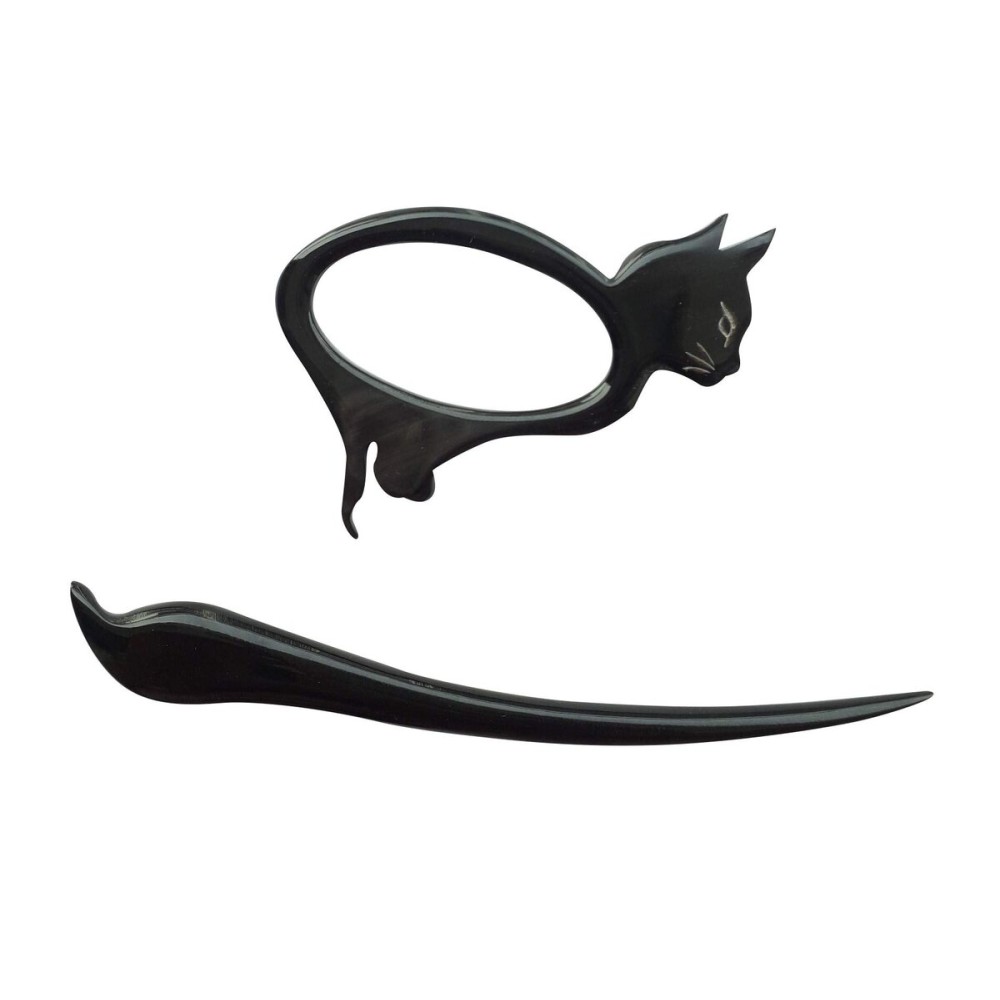 Marycrafts Buffalo Horn Cat Kitten Shawl Pin, Hair Pin Accessory Handmade (Black)