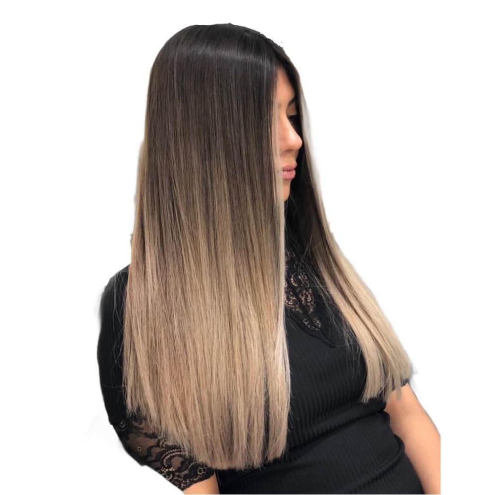 Tressmatch 20(22) Thick to Ends Clip in Remy Human Hair Extensions Ombre/Dip Dye Brunette/Dark Brown to Bleach/Natural Blonde Full Head Set [5.6oz/160grams]