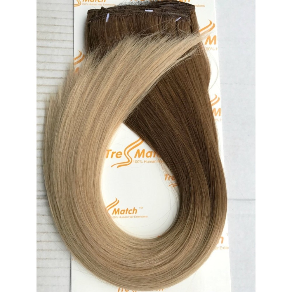Tressmatch 16(18) Clip in Remy Human Hair Extensions Ombre Chestnut/Medium Brown to Bleach/Natural Blonde 9 Pieces(pcs) Full Head Volume Set Thick to Ends [Weight:4.6oz/130grams]