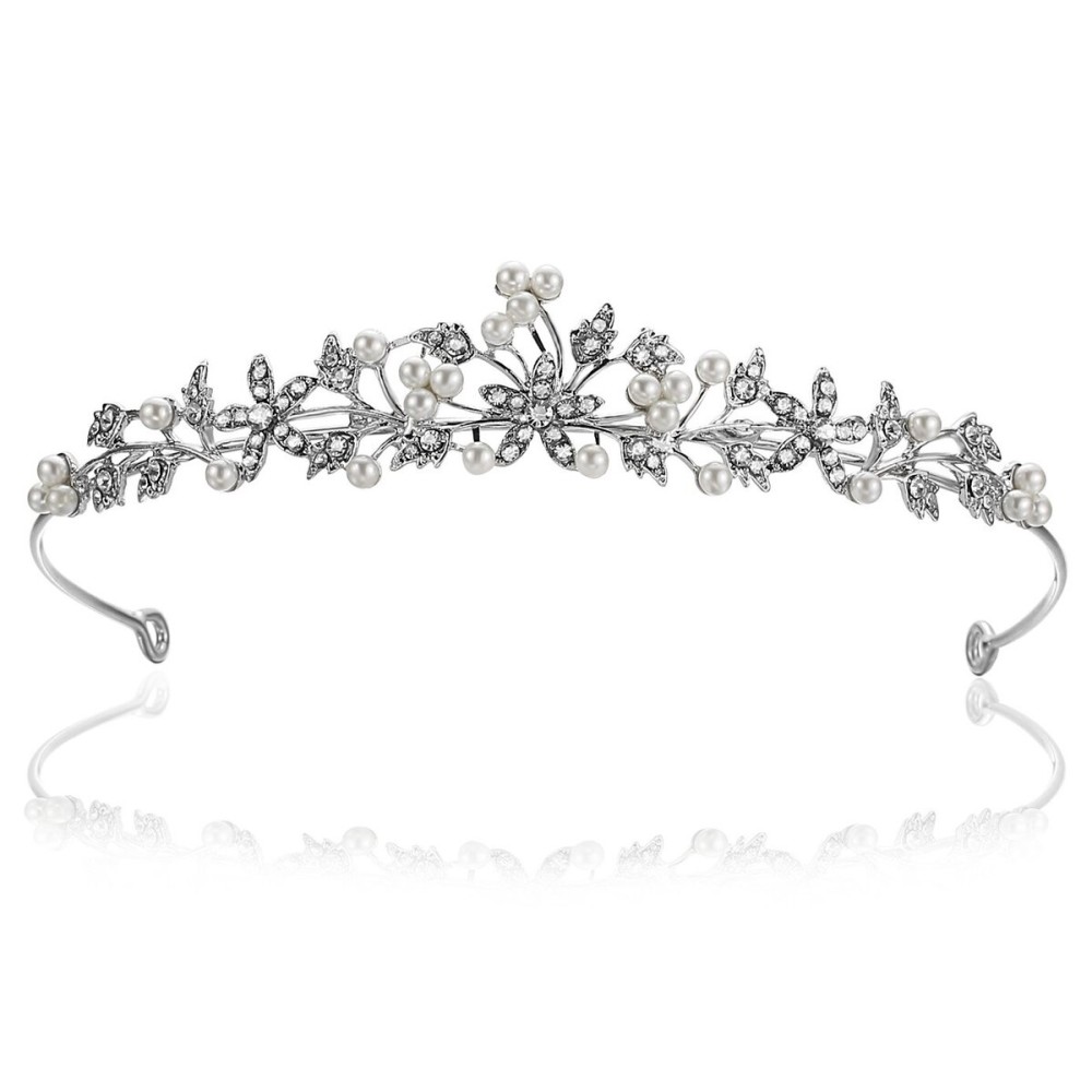 Flower Leaf Faux Pearl Rhinestone Crystal Bridal Tiara Crown T881 Flower Leaf Faux Pearl Rhinestone Crystal Bridal Tiara Crown T881