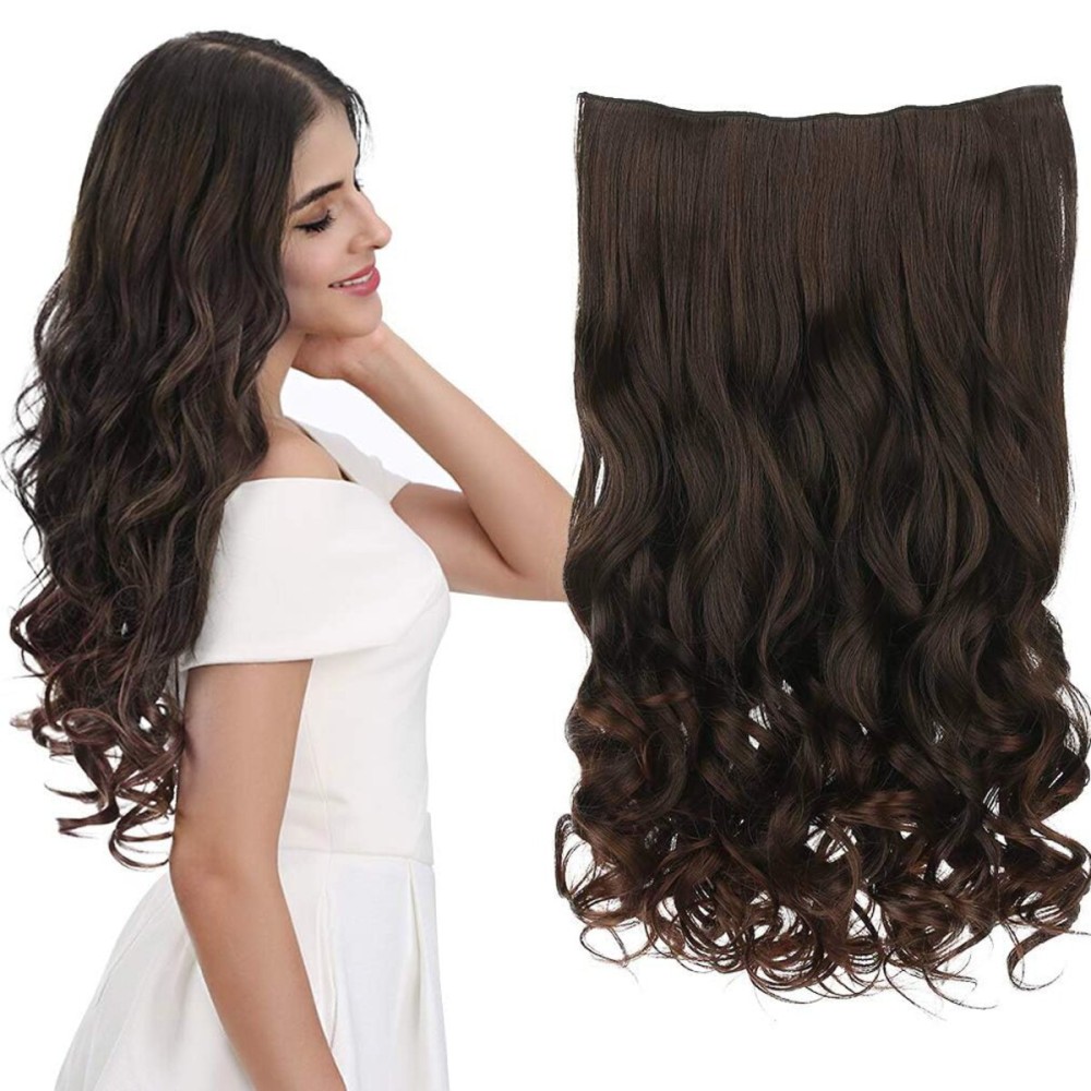 REECHO 20 1-pack 3/4 Full Head Curly Wave Clips in on Synthetic Hair Extensions HE008 Hair pieces for Women 5 Clips 4.5 Oz Per Piece - Dark Reddish Brown
