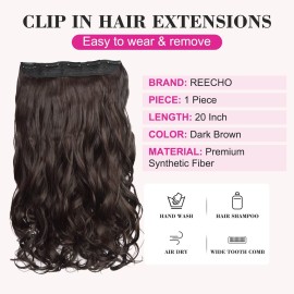 REECHO 20 1-pack 3/4 Full Head Curly Wave Clips in on Synthetic Hair Extensions HE008 Hair pieces for Women 5 Clips 4.5 Oz Per Piece - Dark Reddish Brown