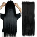 S-noilite 17/23 Curly Straight 3/4 Full Head One Piece 5clips Clip in Hair Extensions Long Poplar Style for Girl Lady Women 48 colors (23 - Straight, Dark Black)
