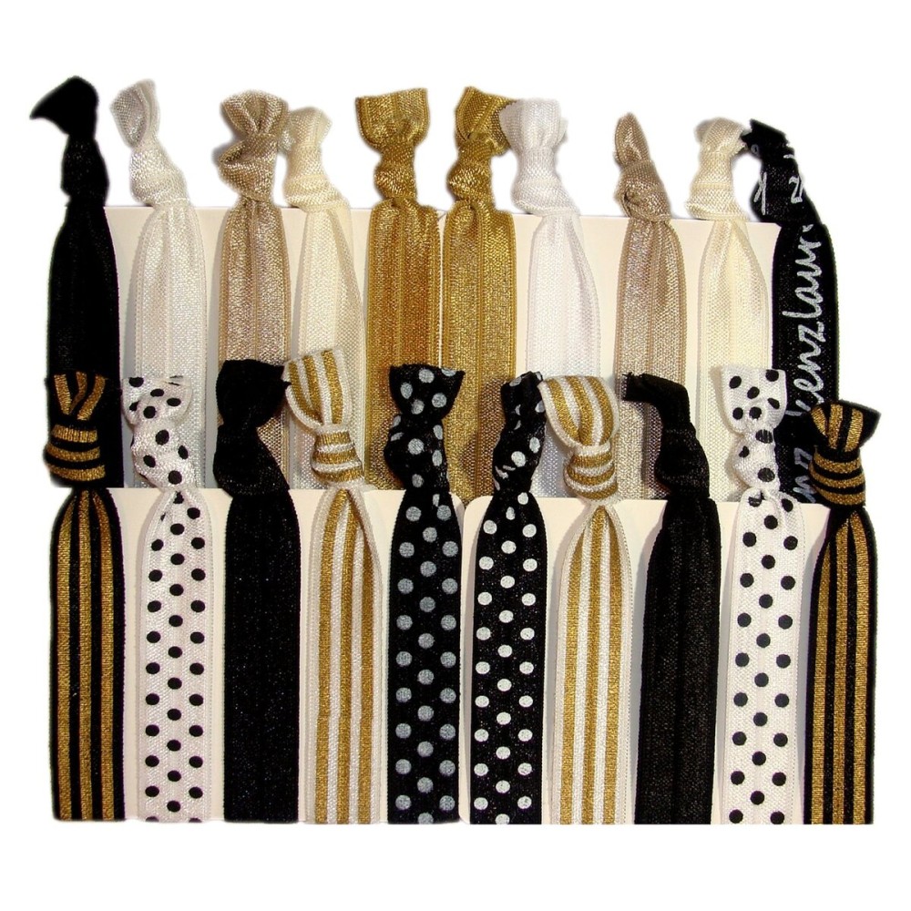 Kenz Laurenz Hair Ties Ponytail Holders - 20 Pack Sophisticated Black White Gold Dots Stripes No Crease Ouchless Elastic Styling Accessories Pony Tail Elastics Holder Ribbon Bands