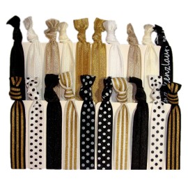 Kenz Laurenz Hair Ties Ponytail Holders - 20 Pack Sophisticated Black White Gold Dots Stripes No Crease Ouchless Elastic Styling Accessories Pony Tail Elastics Holder Ribbon Bands