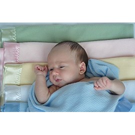 Quadow Thermal Waffle Weave Baby Blanket with Satin Nylon Trim (Blue)