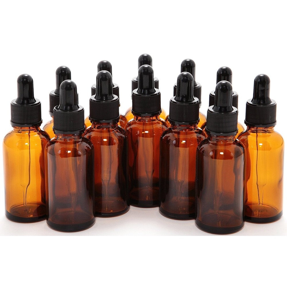 12, Amber, 1 oz Glass Bottles, with Glass Eye Droppers