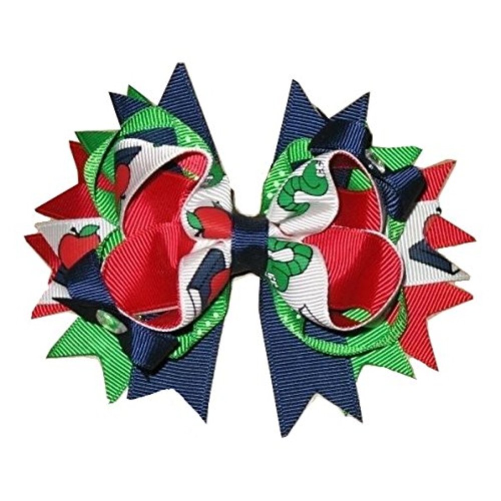 New APPLE & BOOKWORM Back to School Hairbow Alligator Clip Girls 5 Inch Bow Boutique Kindergarten 1st 2nd 3rd 4th 5th Grade Grosgrain Ribbon