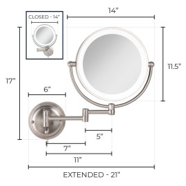 Zadro 14 Round Fluorescent 5X/1X Bathroom Magnifying Mirror Wall Mounted Makeup Mirror 20 Extendable Shaving Mirror