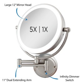 Zadro 14 Round Fluorescent 5X/1X Bathroom Magnifying Mirror Wall Mounted Makeup Mirror 20 Extendable Shaving Mirror