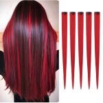 5pcs Red Clip in Hair Extensions 100% Human Hair 18 Inch Colored Party Highlights Clip in Extensions for Women Kids Girls