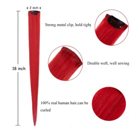 5pcs Red Clip in Hair Extensions 100% Human Hair 18 Inch Colored Party Highlights Clip in Extensions for Women Kids Girls