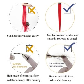 5pcs Red Clip in Hair Extensions 100% Human Hair 18 Inch Colored Party Highlights Clip in Extensions for Women Kids Girls