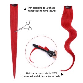 5pcs Red Clip in Hair Extensions 100% Human Hair 18 Inch Colored Party Highlights Clip in Extensions for Women Kids Girls